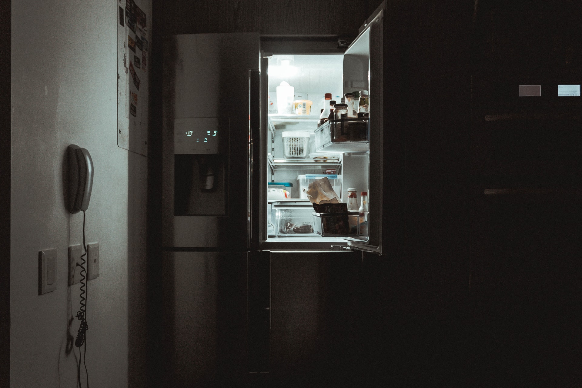 mold in fridge -- open refrigerator door in dark kitchen